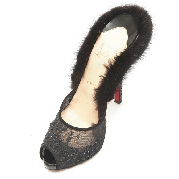 CHRISTIAN LOUBOUTIN Black Mule NUTRIA 120 Fur Crystals Lace Netting Leather 38.5 - Picture 3 of 10